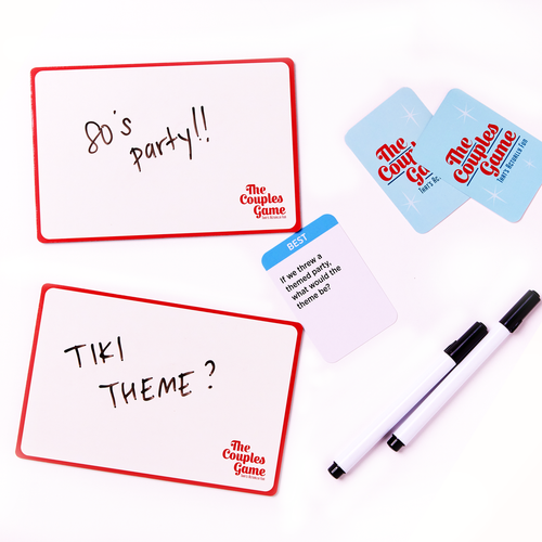 dry erase with sample of game topic cards.