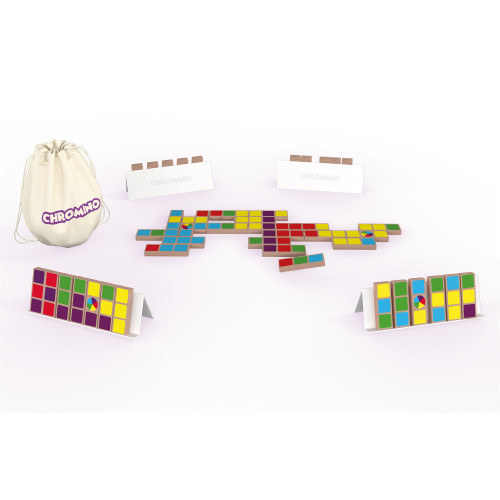 bright colored wooden dominos , domino trays and a canvas bag.