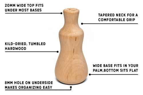 Photo of one Jolly Lark wooden painting handle.  Image text points out 20mm wide top fits under most bases, Tapered neck for a comfortable grip, Wide base fits in your palm, bottom sits flat, 8mm hole on underside makes organizing easy, Kiln-dried tumbled hardwood made in the USA.