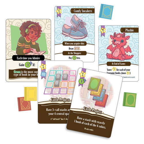 Game components, including cards, book tokens and more