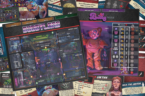 game contents with a map and character card