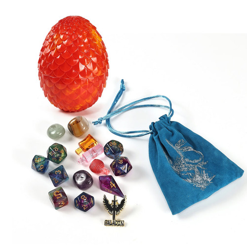 red egg with a dice bag, dice, and a pin