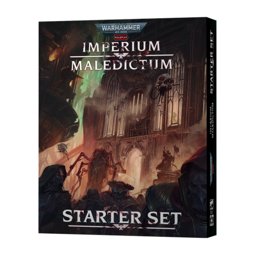 Starter set box, depicting futuristic inquisitors outside a gothic building Starter set box, depicting futuristic inquisitors outside a gothic building