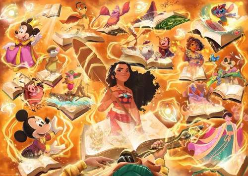 Puzzle art, depicting various Disney characters emerging out of books