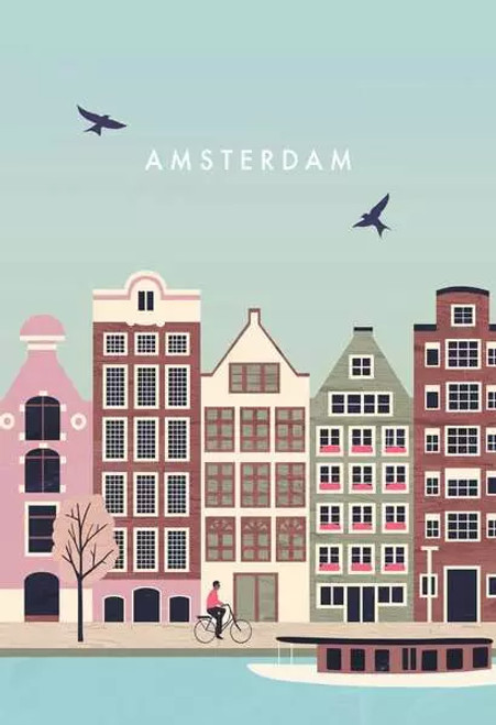 Puzzle image, simple art depicting a row of buildings in Amsterdam