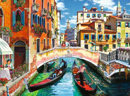 a river with buildings on either side with a bridge
