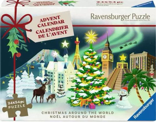 Advent Calendar packaging, with cheery holiday art featuring famous buildings from cities around the world