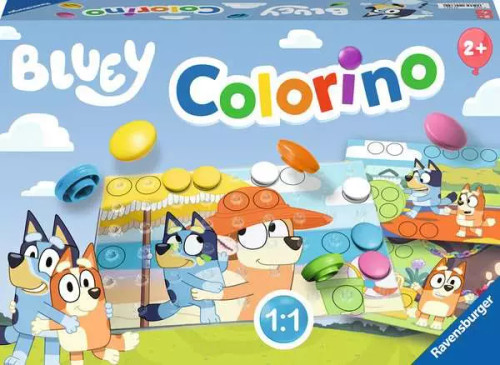 Front of game box featuring Bluey and a few components from the game