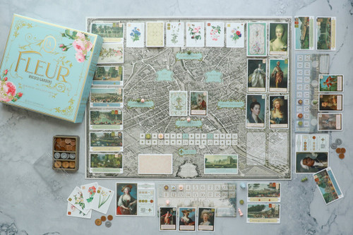 The game laid out with a large board like map, with landscapes, characters, and flora