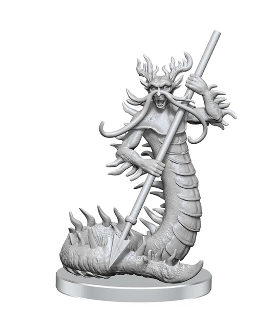 a snake segmented body with arms and antlers and a spear