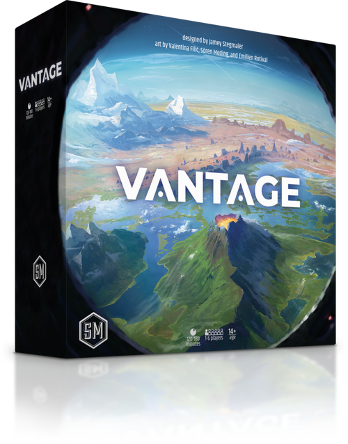 front of game box with a black with a circle with vantage point of a view of various landscapes