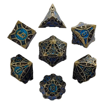 Gold and blue metal dice set with intricate patterns