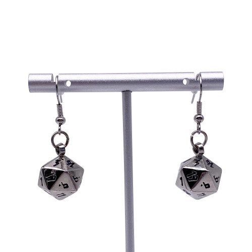 Silver color earrings in the shape of twenty-sided dice