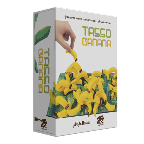 Game box, depicting a hand stacking a banana token on a stack of other banana tokens Game box, depicting a hand stacking a banana token on a stack of other banana tokens