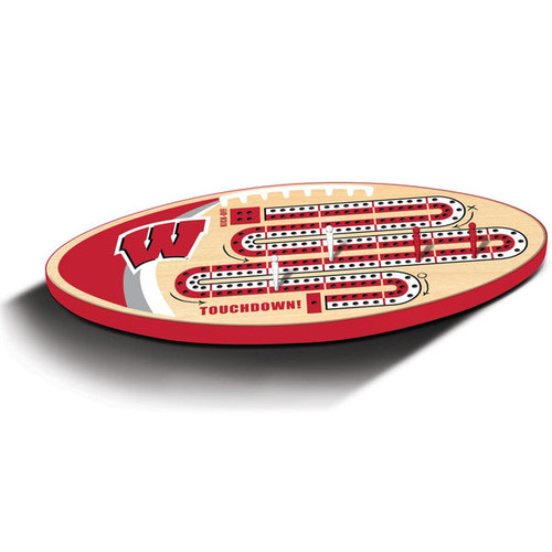 Football shaped red and white cribbage board