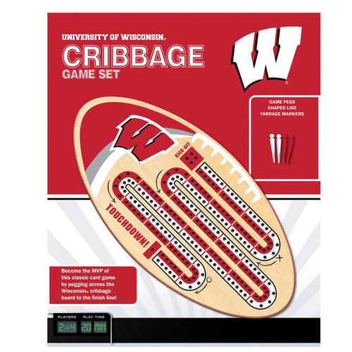 Front of red and white packaging with a long football shaped Cribbage board