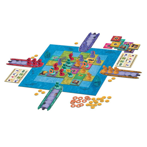 the game board with rafts, an island made of tiles,  and other components