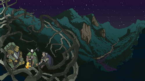 Concept art, three figures huddle among large vines in a vibrant green world