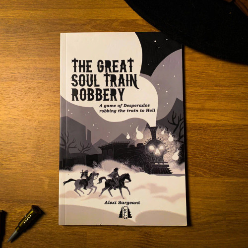 Book cover, art depicting two figures on horseback riding toward an ominous train with an evil face