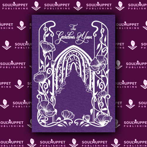Purple book cover with silver designs of a vine-covered tunnel of arbors