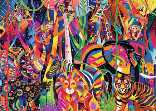 a chaotic bright colorful jungle scene with animals made of various colorful shapes