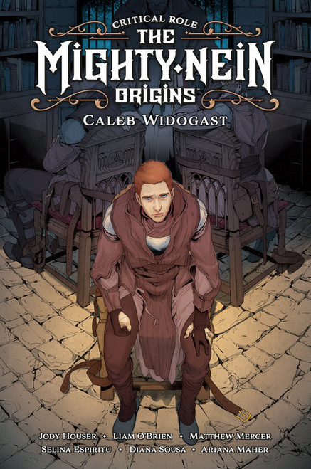 Book cover, art depicting younger Caleb from Critical Role in a wooden chair