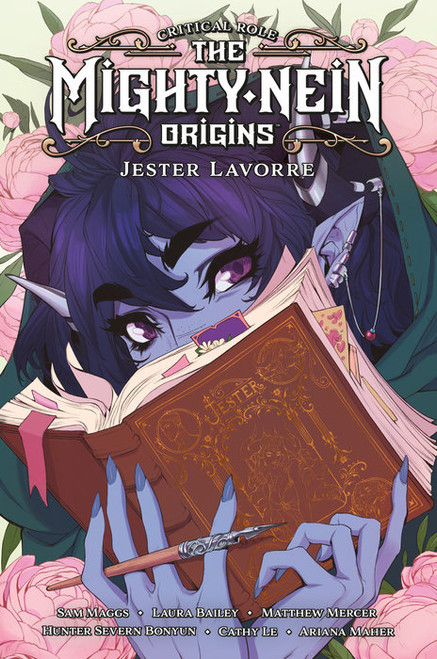 Book cover, art depicting Jester from Critical Role looking up over a book