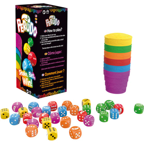Game box with a stack of dice cups and pile of colorful dice