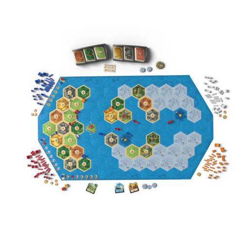 Catan gameplay from above with Explorers & Pirates expansion content