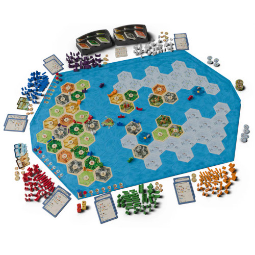 Catan gameplay from above with 6 players and Explorers & Pirates content