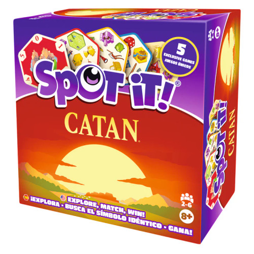 Game box, art depicting the iconic Catan sunset and example cards Game box, art depicting the iconic Catan sunset and example cards