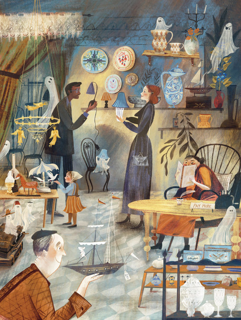 a shop with ghosts and customers with other nick knacks