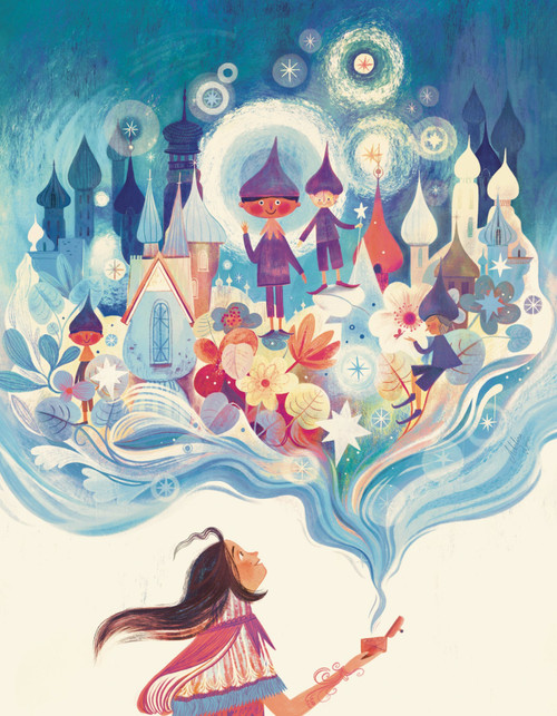 a person opening a box revealing characters, flowers, and castle turrets