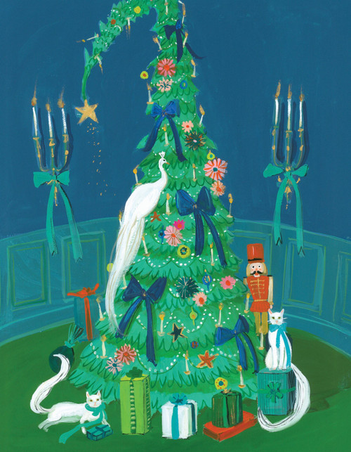 green tree with white cat and white bird and candle labara