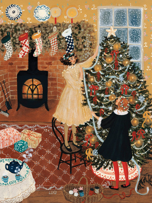 2 characters in dresses decorating living room for winter holidays