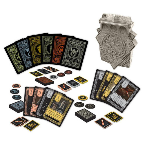 several cards and tokens and a crest