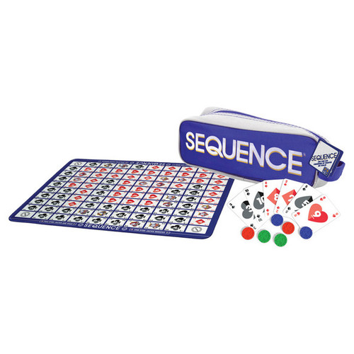 bag with the pieces laid out in front cards, board and tokens