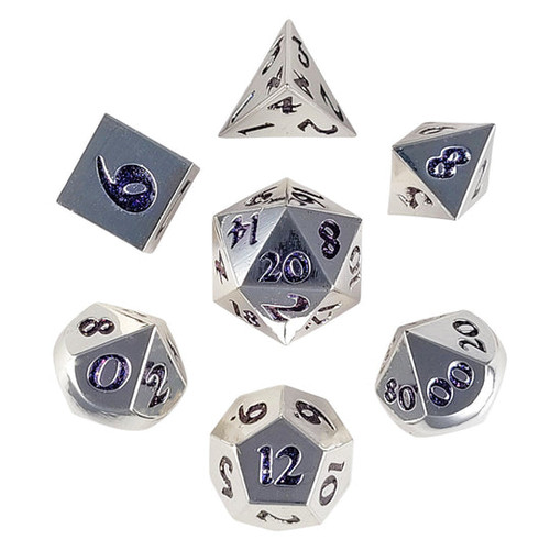chrome silver 7 set of dice and purple glitter numbers