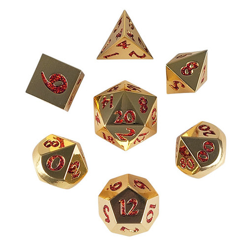 Forged Signature Gold with Red Glitter Metal RPG Dice Set of 7
