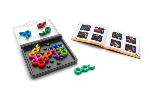 the game container with a black plastic bottom and clear attached lid, and a challenge booklet