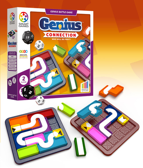 front of packaging featuring a mazelike track and black and white dice with numbers