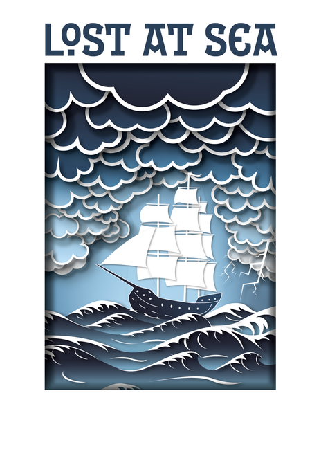 a ship at sea surrounded by waves and clouds