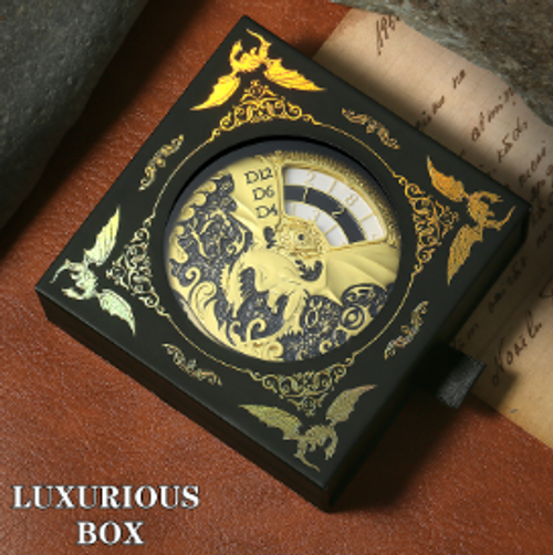 a gold spinner dice with black product box