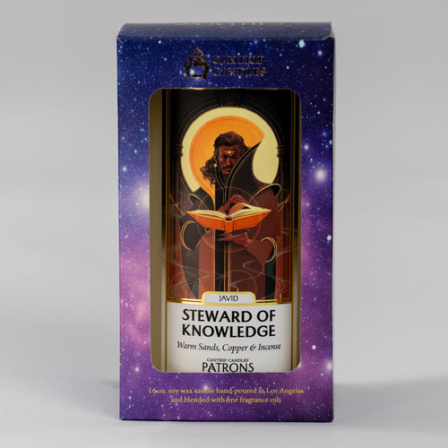 a candle with a purple packaging