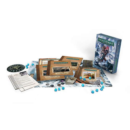 the components, dice with character booklets