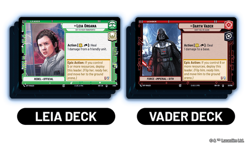 close up of the deck leader cards Leia and Vader
