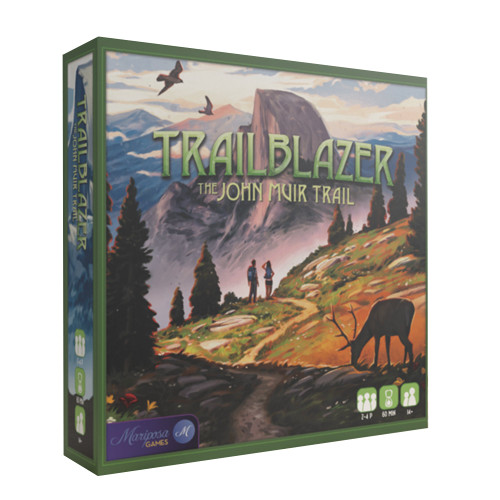 front of game cover with hikers on a path through a mountain with wild life
