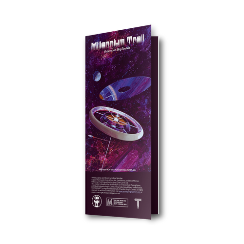 purple brochure with space ship and planet and space