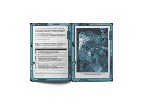 a page spread with blue hued art and chart