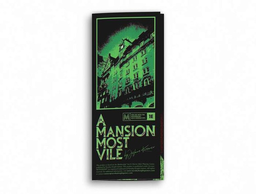 front of a black brochure with green font